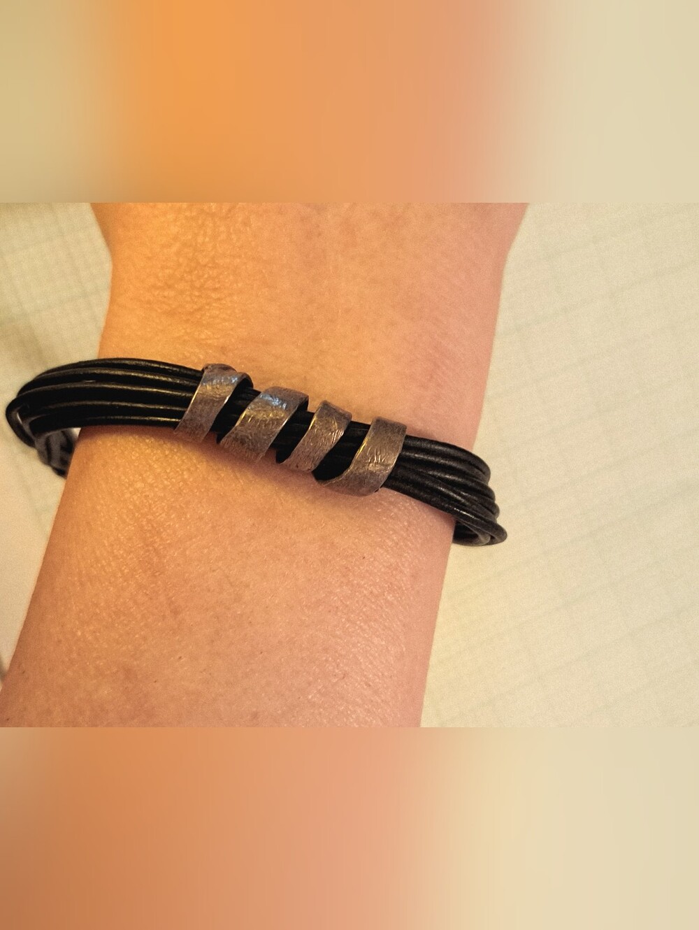 Trifari Black Multi-Strand Leather Bracelet with Silver Spiral Accents
